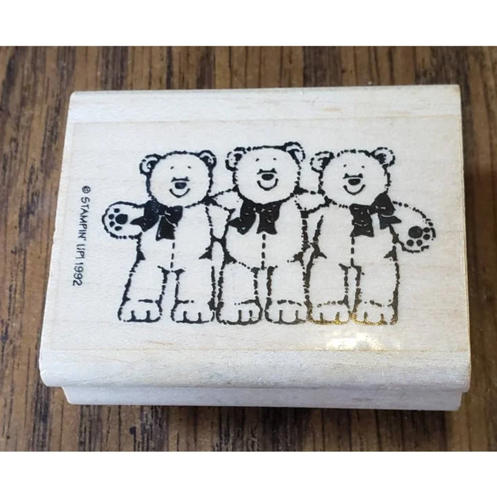 Stampin Up Three Teddy Bears Hugging 1992 Wood Mounted Rubber Stamp